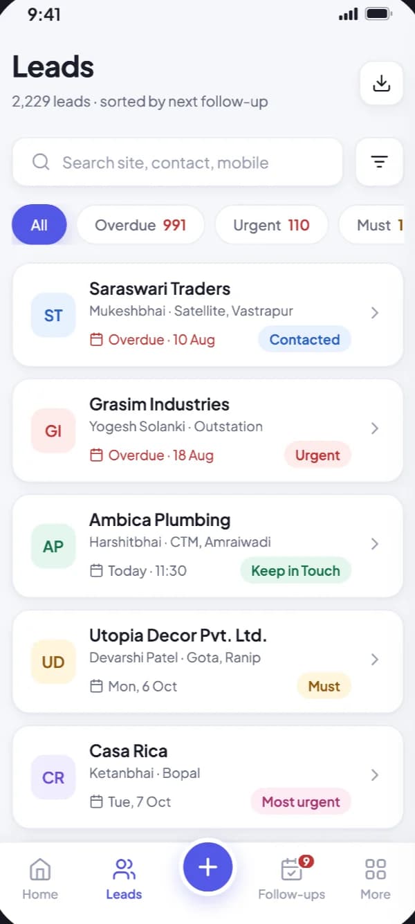 Shine Plastics CRM – main screen
