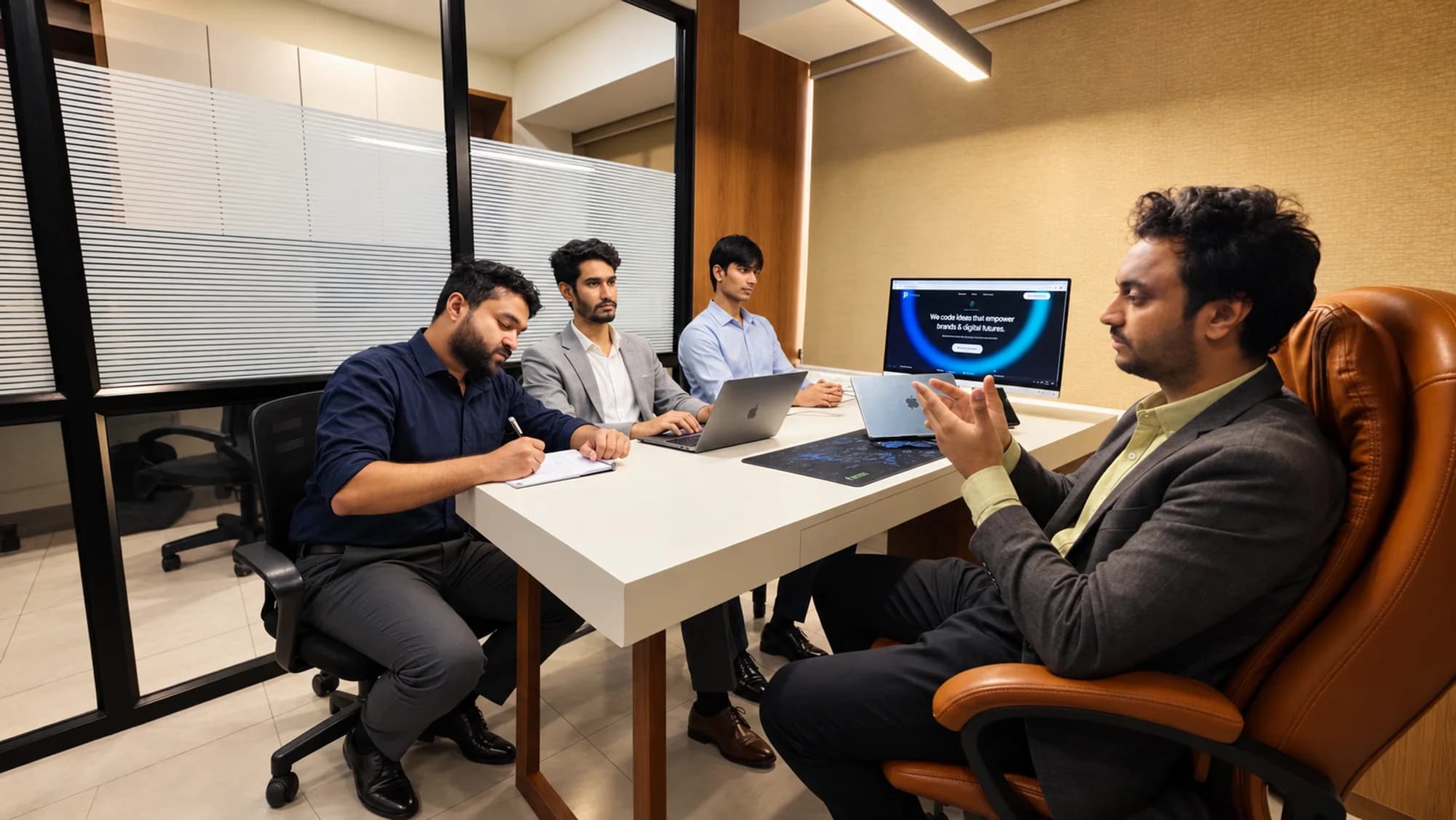 Ishan Shah leading a planning meeting with the Prime Techno Works team